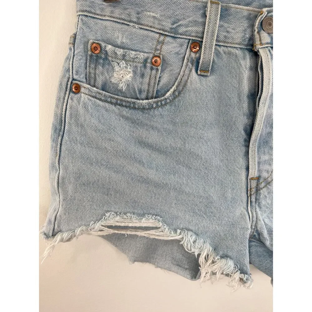 Levi's Premium Blue Light Wash Button Fly Cut Off Distressed Denim Shorts Sz 26